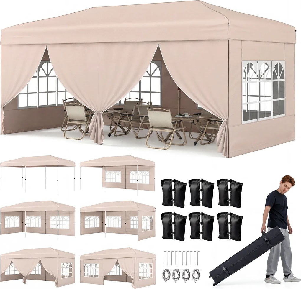 Tenda dobrável com 6 painéis laterais 300 x 600 x 250-270 cm, 6 x Sacos de areia, estrutura metálica, altura ajustável, 10 estacas, 6 cordas, saco com