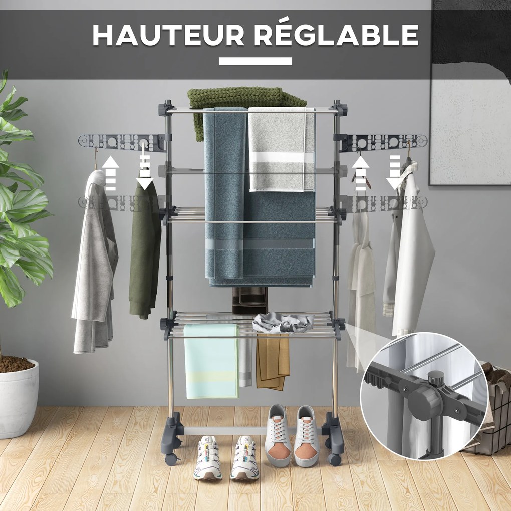 Estendal de roupa dobrável com abas laterais, para uso interior e exterior, 3 níveis, 142 x 55 x 152 cm, cinzento