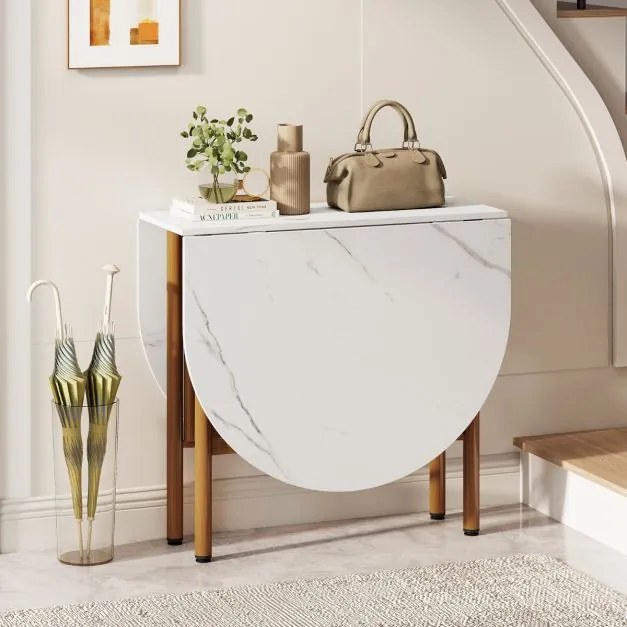 Mesa de jantar dobrável oval com abas rebatíveis para 6-8 pessoas, 150 x 80 x 76 cm, com pés metálicos, estilo moderno, em imitação mármore branco e d