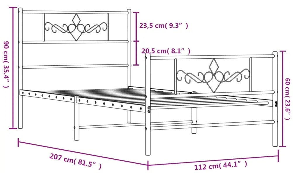 Estrutura de cama com cabeceira e pés 107x203 cm metal branco