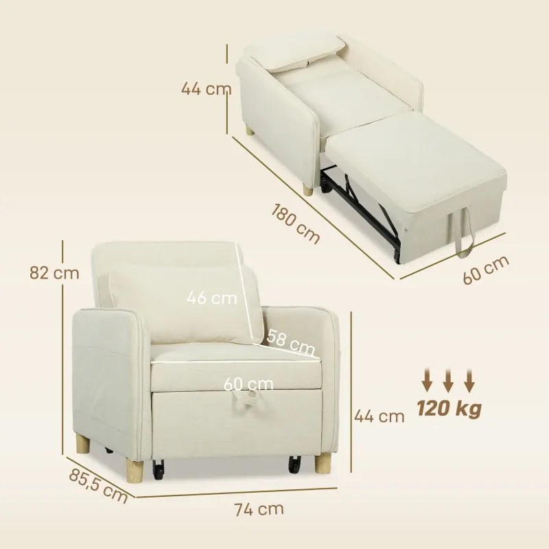 Poltrona Cama Estofado em Veludo Ecológico com Encosto Ajustável 3 Níveis 6 Bolsos Laterais 74x85,5x82 cm Bege