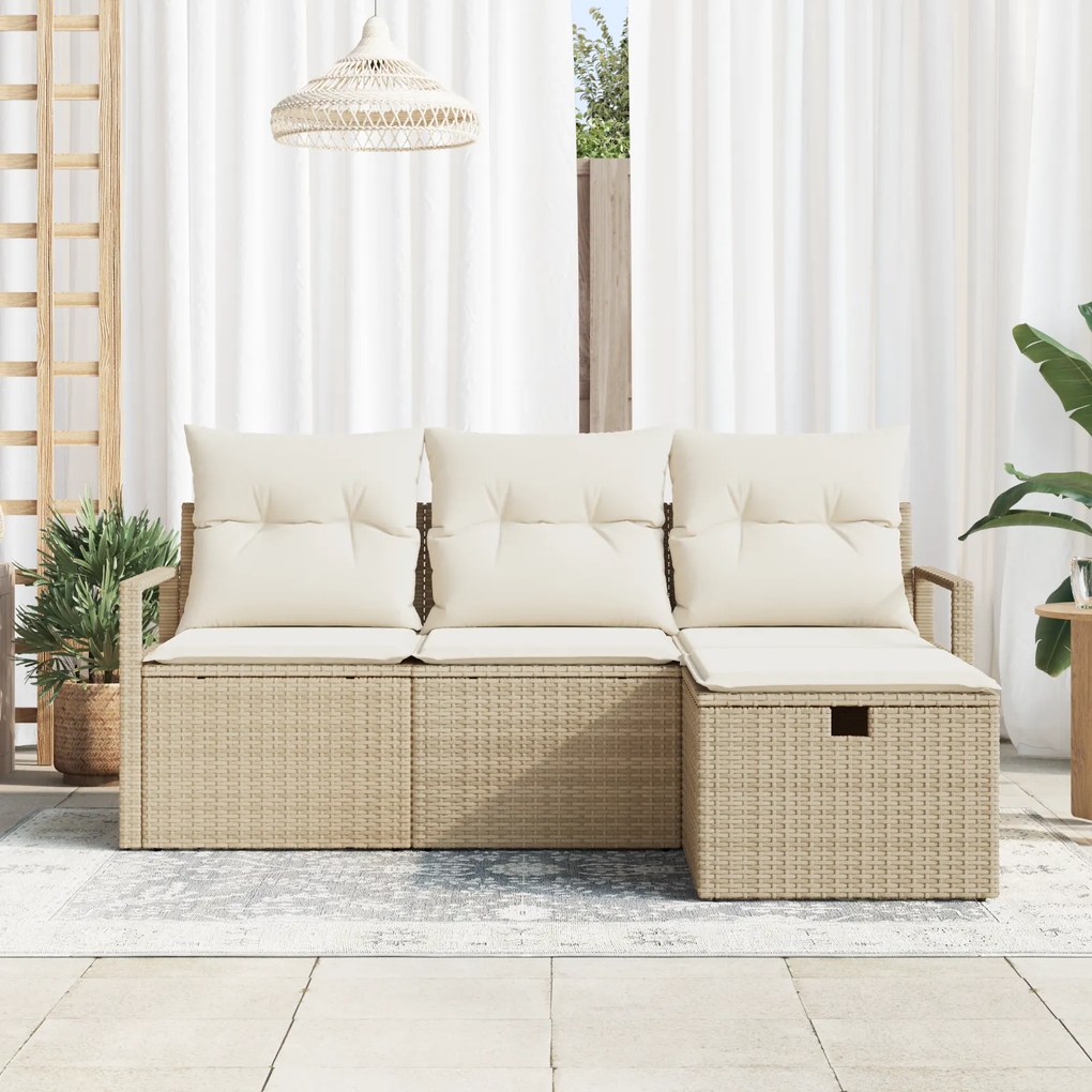 Conjunto de Sofá de Jardim 4 Peças com Almofadas Bege Rattan Poliéster