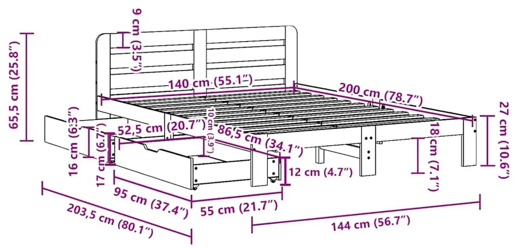 Cama sem colchão 140x200 cm madeira pinho maciça castanho-mel