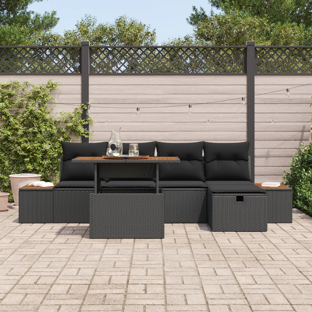Conjunto de Sofá de Jardim vidaXL 6 Peças com Almofadas Preto Rattan P