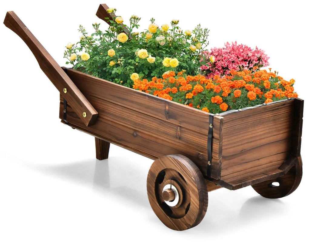 Floreira Carrinho de mão de jardim de madeira Vaso de flores com rodas Orifício de drenagem Decoração de pátio 81 x 40 x 38,5 cm Castanho