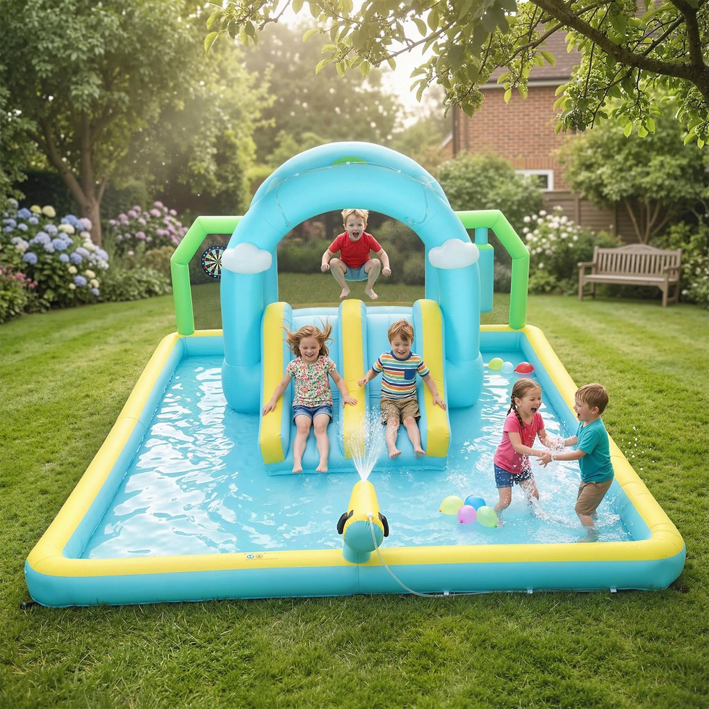 Castelo Insuflável Aquático 7 em 1 com Insuflador 450W 2 Escorregas Trampolim Piscina Cesto Coluna de Boxe 426x360x198 cm Multicor