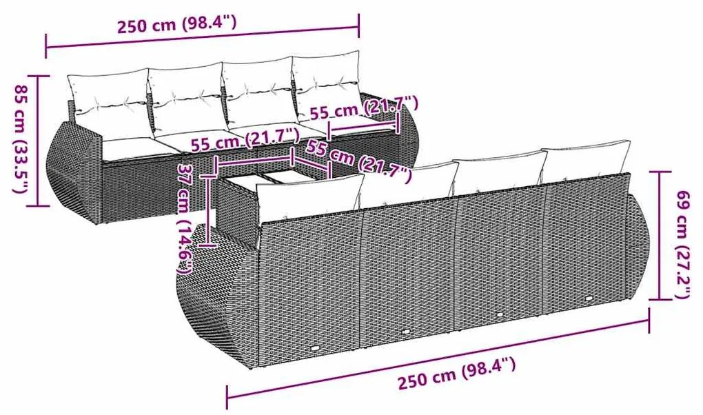 9 pcs conj. sofás jardim com almofadões vime PE cinzento-claro