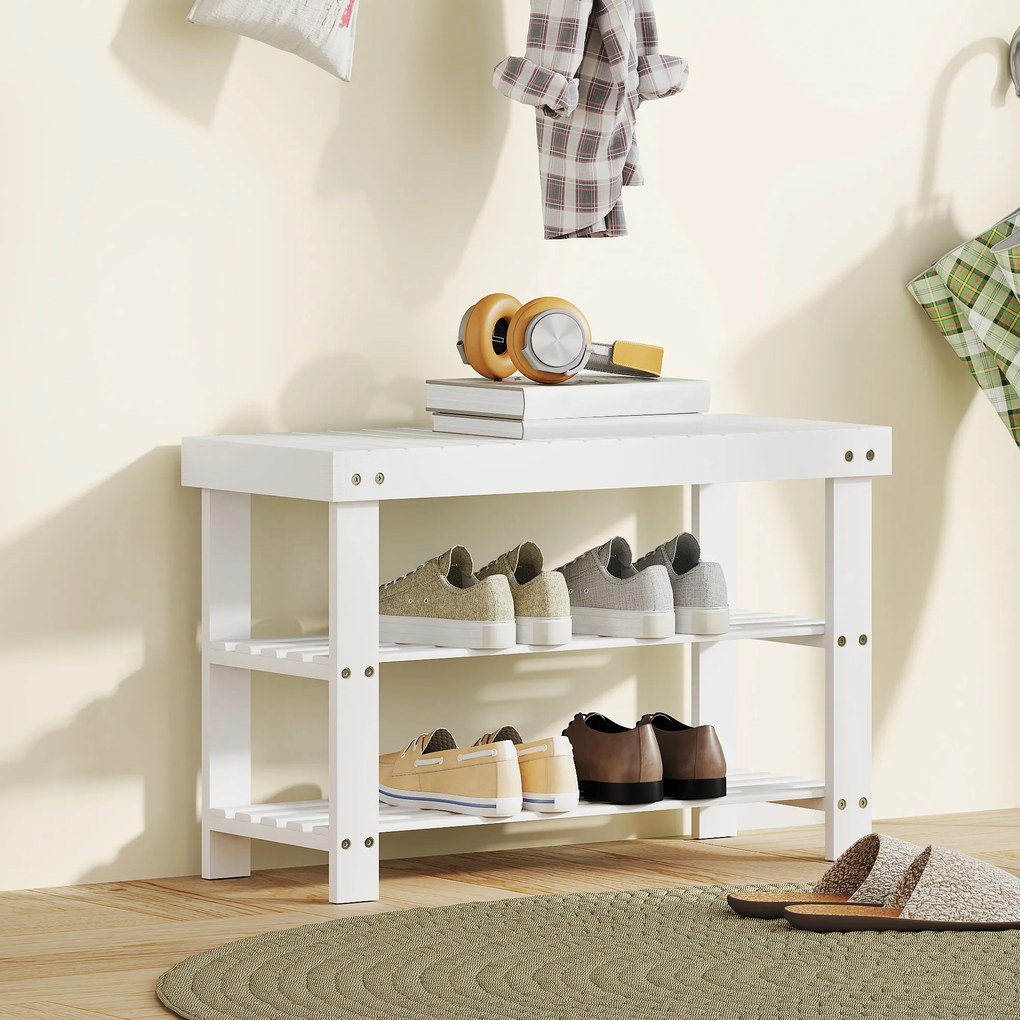 Banco Sapateira de Bambu Organizador de Sapatos com 2 Prateleiras para 6-9 Pares de Sapatos 70x28x45 cm Branco
