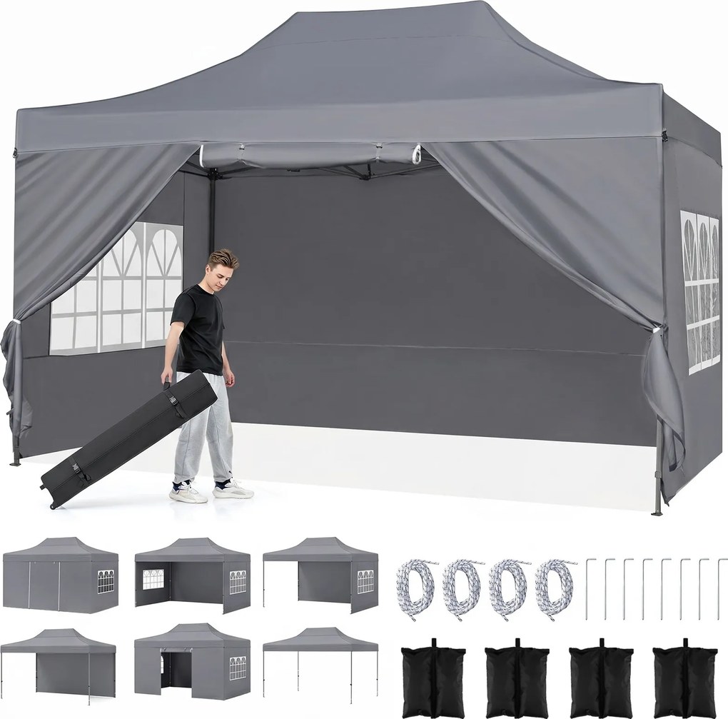 Tenda dobrável 431 x 291 cm, pop-up com 4 paredes amovíveis, altura ajustável, 4 x Sacos de areia, saco de transporte, rodas, impermeável, para pátio,