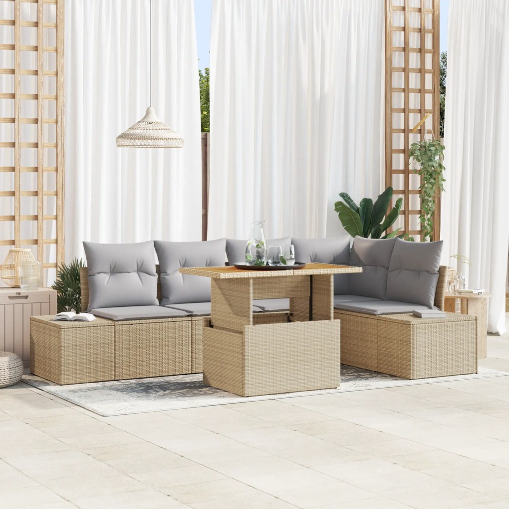 vidaXL Conjunto de Jantar de 6 Peças com Almofadas Bege Rattan PE Acácia