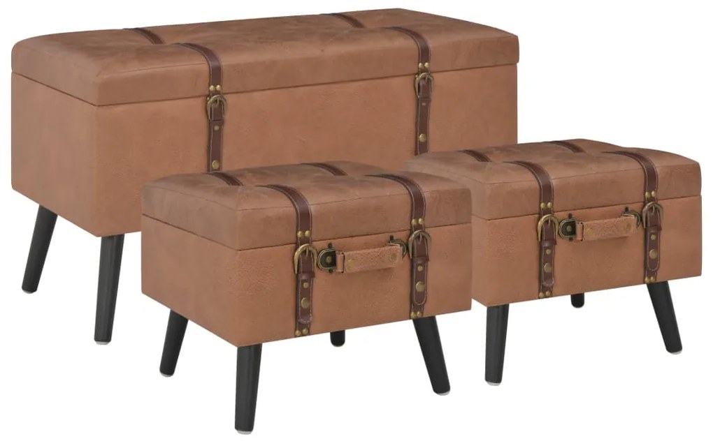 vidaXL Bancos de arrumação 3 pcs couro artificial castanho