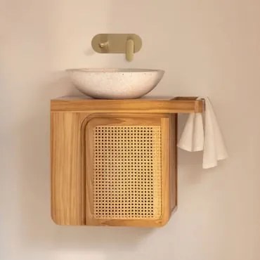 Conjunto De Móveis De Banheiro Suspensos Em Madeira De Teca Georgy Madeira De Teca & Cimento Redondo Branco Ø40 Cm Zavion & Sem Espelho - Sklum
