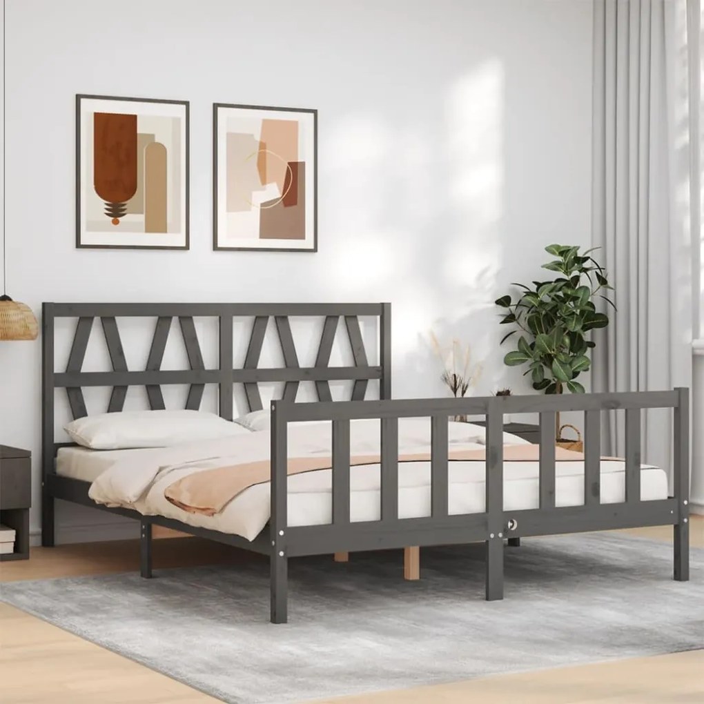vidaXL Estrutura de cama King Size com cabeceira madeira maciça cinza