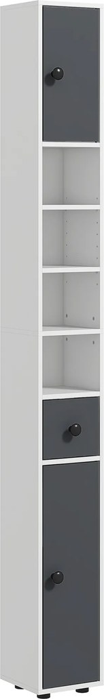 Coluna Casa de Banho Moderna com 1 Gaveta 5 Prateleiras Ajustáveis e 2 Armários 20x20x180 cm Cinza
