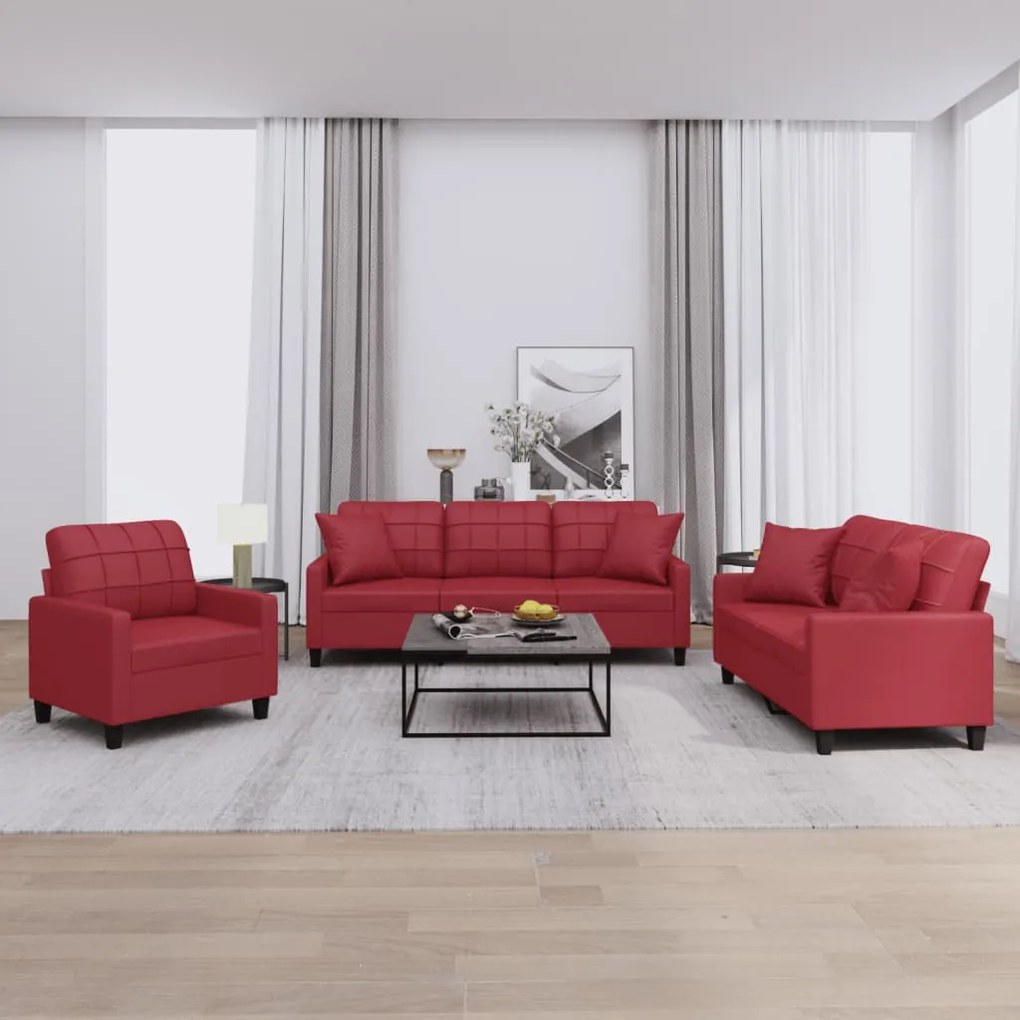 vidaXL 3 pcs conjunto sofás c/ almofadas couro artif. vermelho tinto