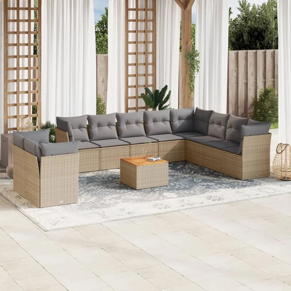 11 pcs conjunto sofás de jardim c/ almofadões vime PE bege