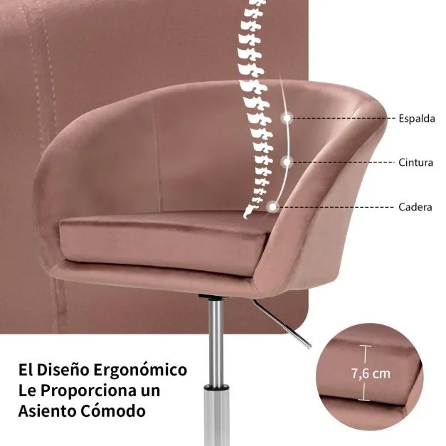 Cadeira de bar giratória de veludo com encosto regulável em altura Banco de lazer com esponja elástica 61 x 52 x 72-86 cm Rosa