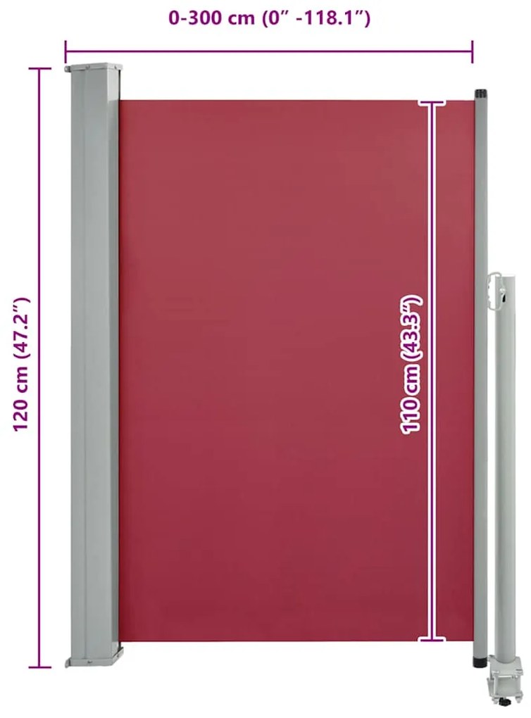 Toldo lateral retrátil para pátio 120x300 cm vermelho