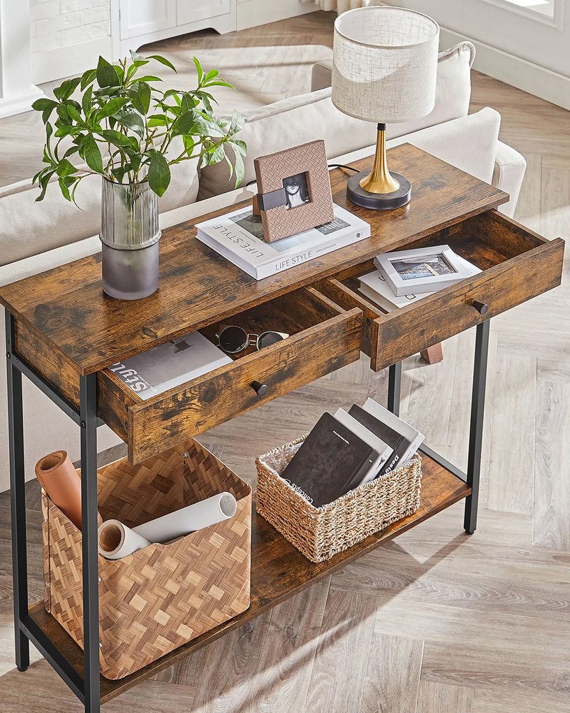 Mesa consola com 2 gavetas e estrutura de aço 100 x 30 x 80 cm castanho vintage e preto