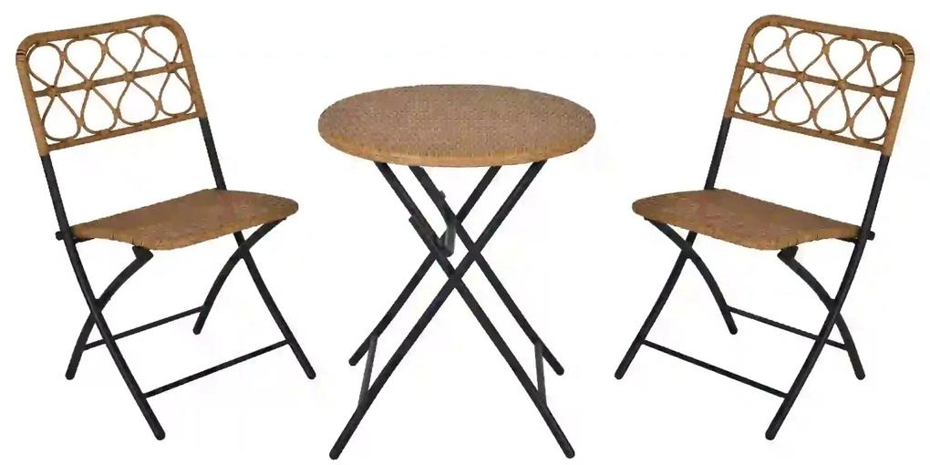 Outsunny Conjunto de mesa e 2 cadeiras dobráveis de vime para jardim Estrutura de aço Φ60x71 cm e 46x56x83 cm Madeira natural | Aosom Portugal