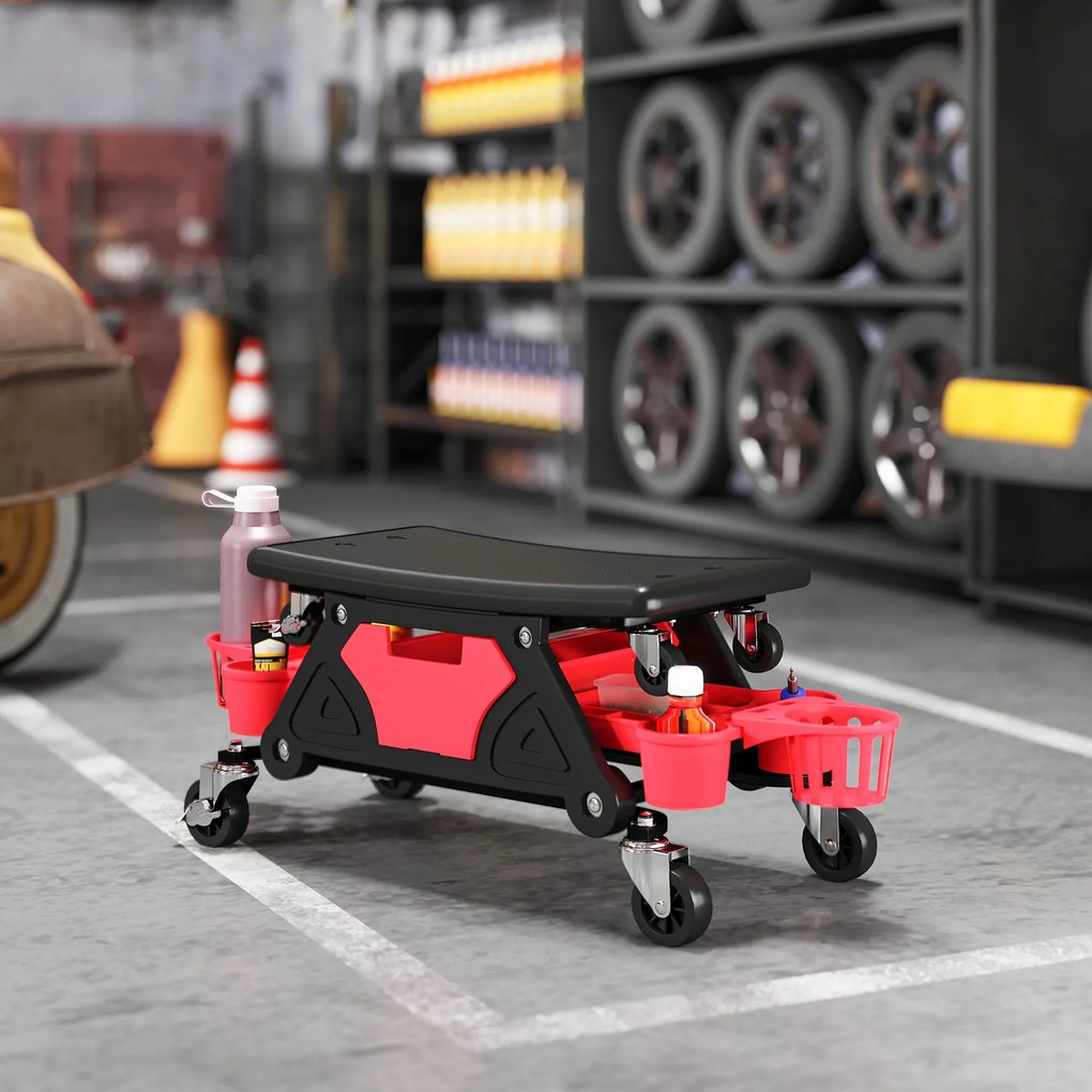 Banco de oficina móvel com capacidade para 135 kg, banco de mecânico com rodas e rotação de 360°, com prateleiras, 86 x 33 x 33 cm, vermelho