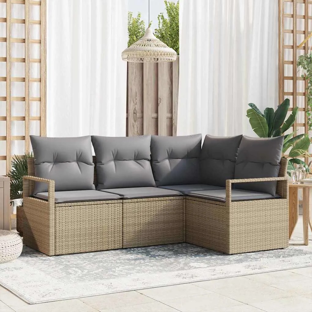vidaXL Sofá de Jardim em 4 Peças com Almofadas Bege em Rattan Sintético