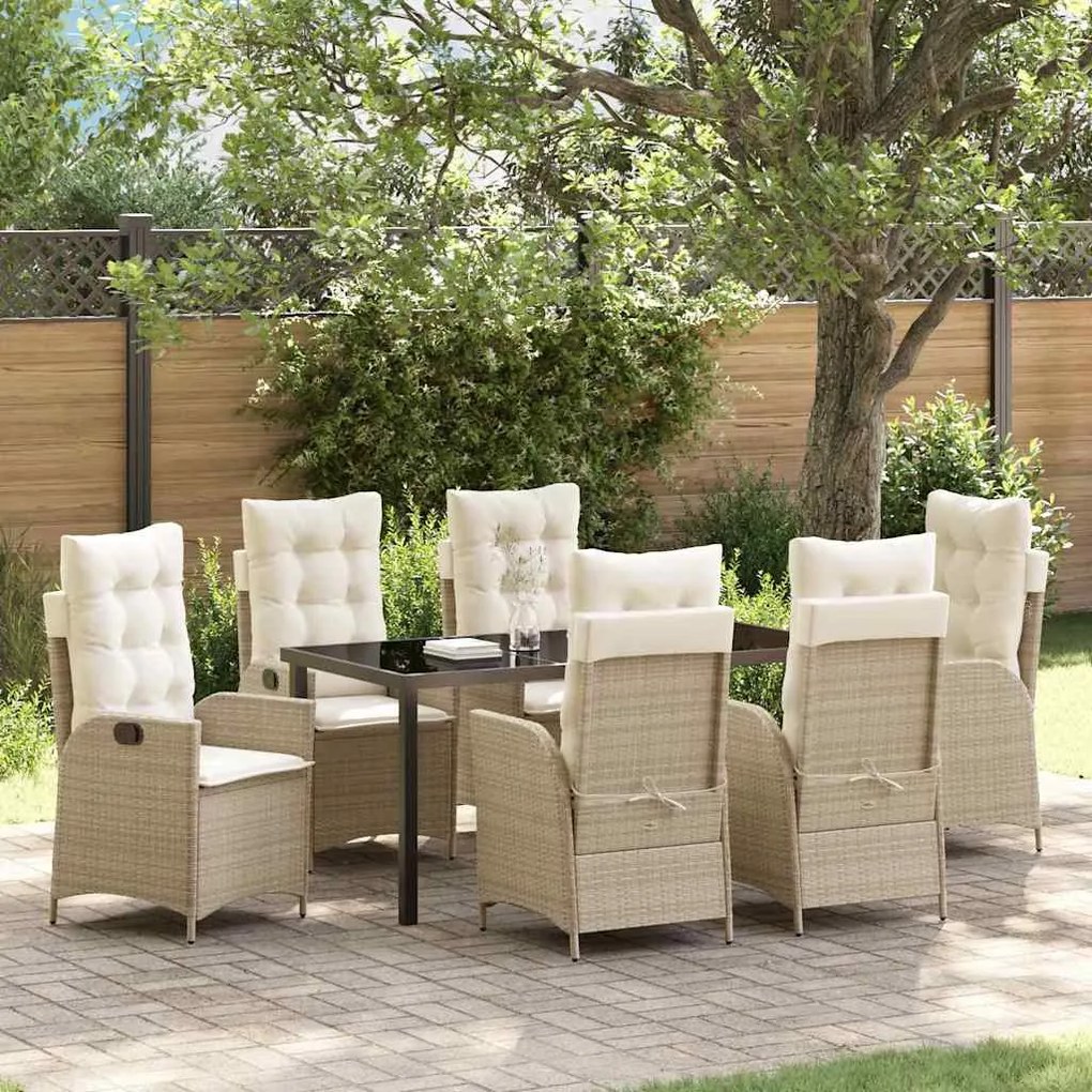 vidaXL Conjunto de jantar de jardim com 7 peças e almofadas bege em rattan sintético.