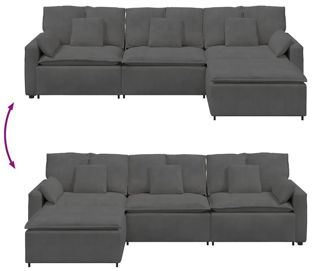 Sofá modular com pufes e almofadas cinzento-escuro