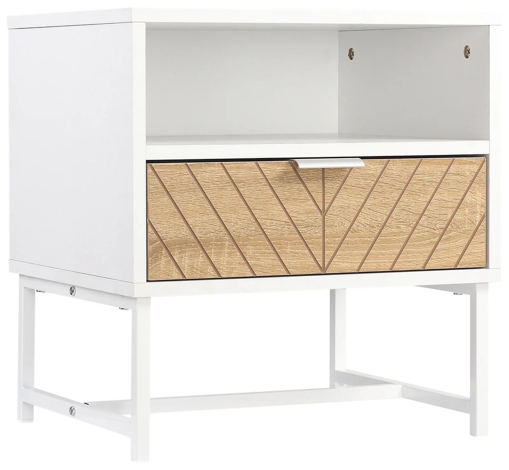 HOMCOM Mesa de Cabeceira Moderna Mesa de Cabeceira com Gaveta e Compartimento 45x39x48 cm Branco e Carvalho | Aosom Portugal
