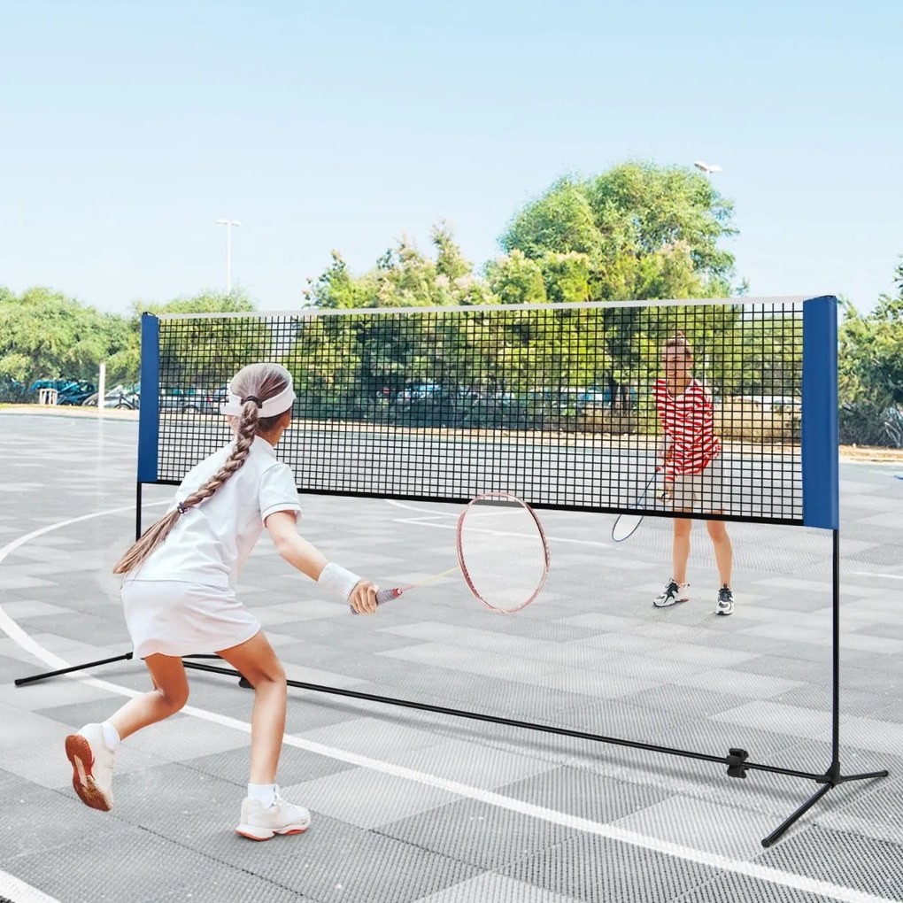 Rede de badminton 310 cm portátil ajustável em altura com postes, bolsa de transporte e 2 penas para interior e exterior azul.