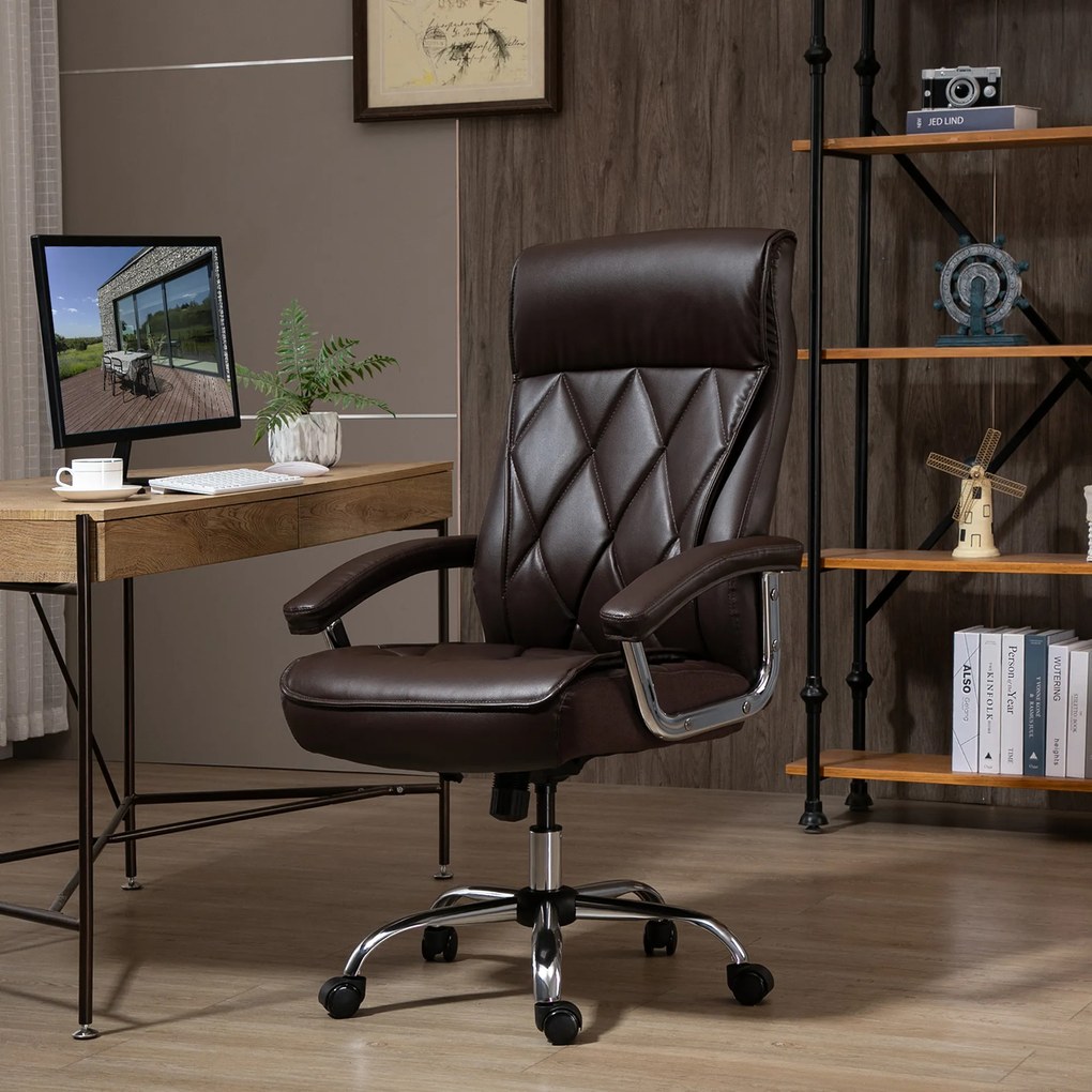 Vinsetto Cadeira de Escritório Ergonômica Cadeira de Escritório Giratória e Basculante com Altura Ajustável Encosto Alto e Apoio para a cabeça Acolchoado Pele Sintética 66x69x113-121cm Marrom