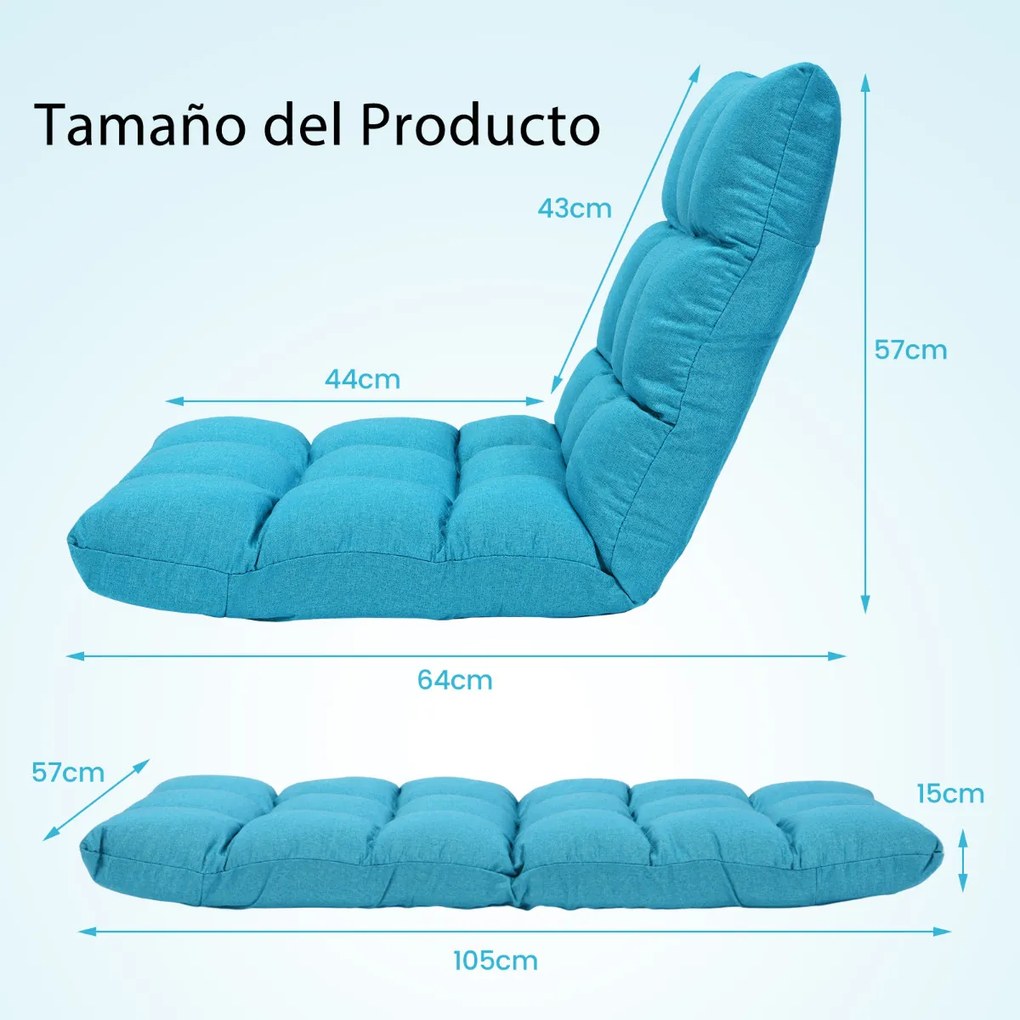 Sofá chão dobrável Costas ajustáveis 14 posições Cadeira de quarto Sala de estar 105 x 56 x 15 cm Turquesa