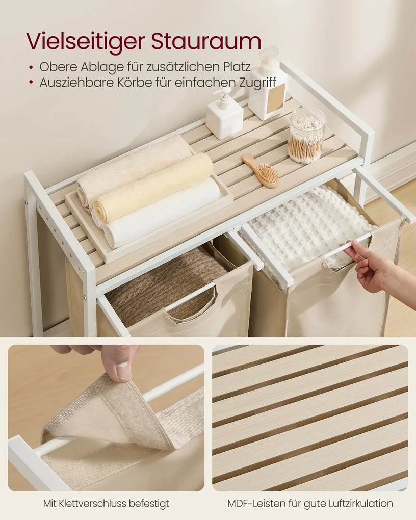 Cesto da roupa suja 73 x 33 x 72 cm com sacos de roupa suja extensíveis bege cappuccino-bege natural