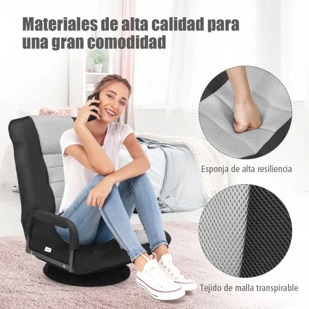Sofá-cadeira rebatível ajustável em 6 posições com base giratória de 360° para ler e relaxar 61-87 x 55 x 75 cm Cinzento