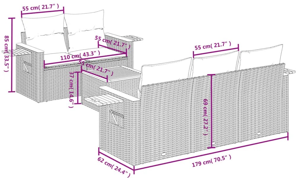6 pcs conjunto de sofás p/ jardim com almofadões vime PE bege