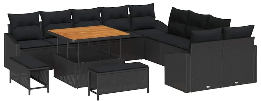 Conjunto de Sofá de Jardim de 13 peças com Almofadas Vime Preto Acácia