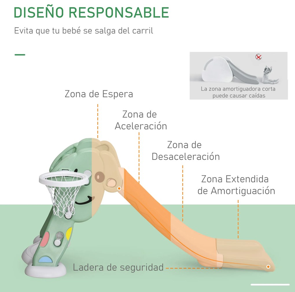 HOMCOM Escorrega infantil para crianças acima de 2 anos com cesta de basquete Interior e exterior carga 25 kg Acessórios incluídos 160x35x68 cm Verde e Branco