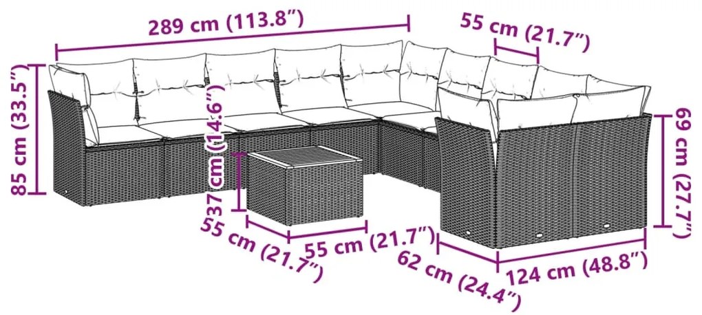 11 pcs conjunto sofás de jardim c/ almofadões vime PE preto