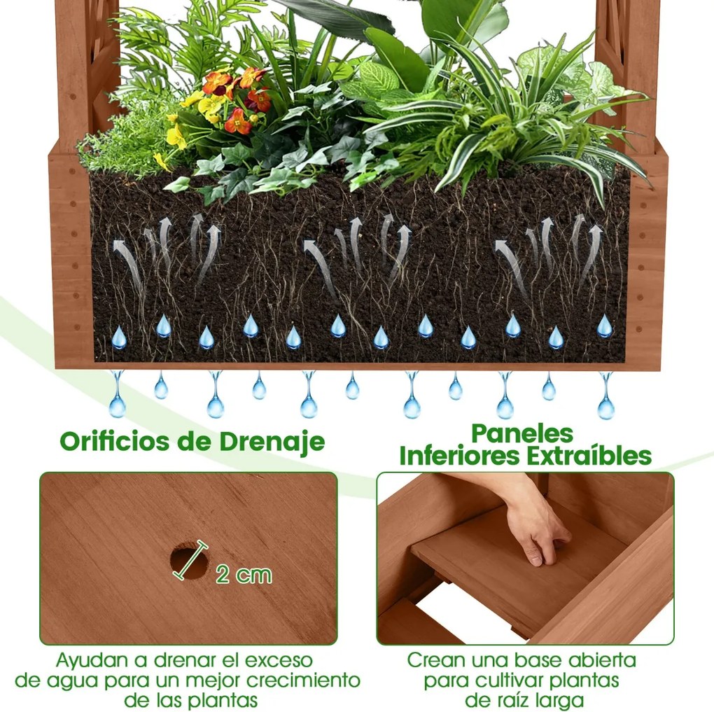 Floreira elevada em madeira de abeto com treliça 78 x 36 x 152 cm, tampa suspensa, 2 orifícios de drenagem e 2 painéis para jardim, terraço ou pátio c