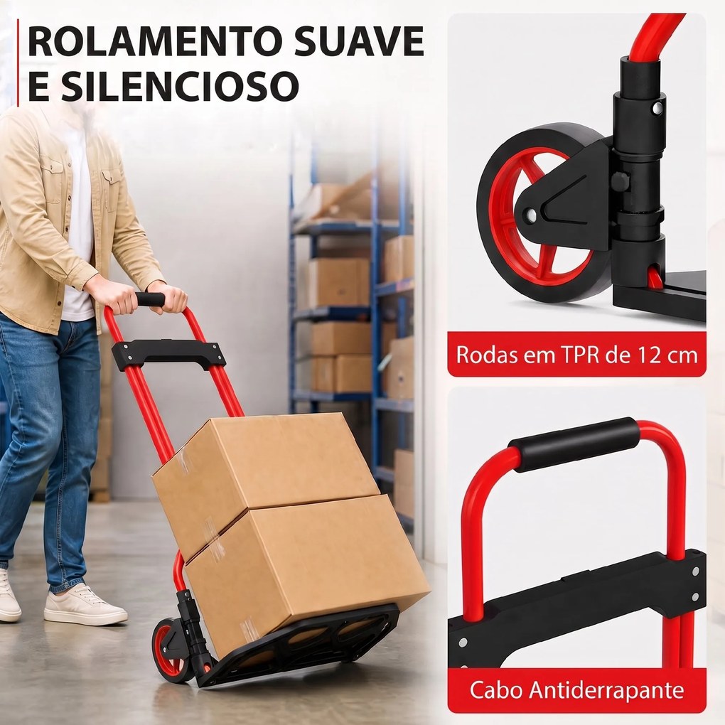 Carrinho de Carga Dobrável com Pega Telescópica Ajustável, 60 kg, com Rodas, para Garagem e Escritório, Vermelho