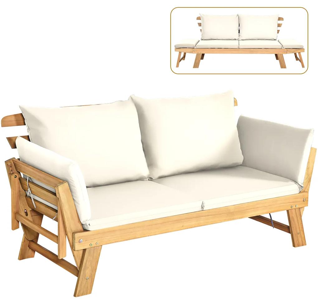 Sofá-cama de jardim convertível em madeira de acácia com apoios de braços ajustáveis Almofadas Almofadas 2 lugares Exterior 198 x 75 x 75 cm Branco