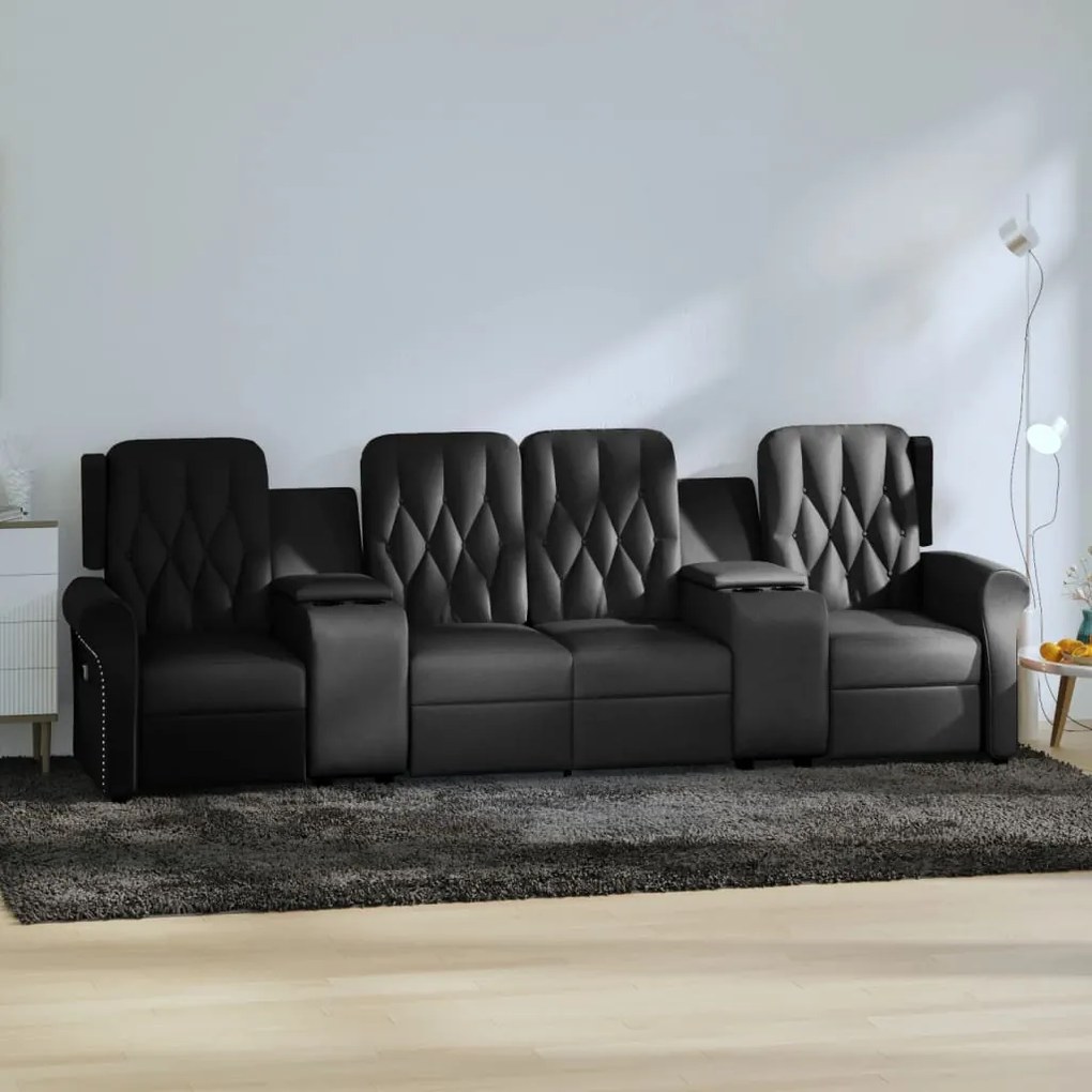 vidaXL Sofá reclinável 4 lugares c/ suportes p/ copos couro art. preto
