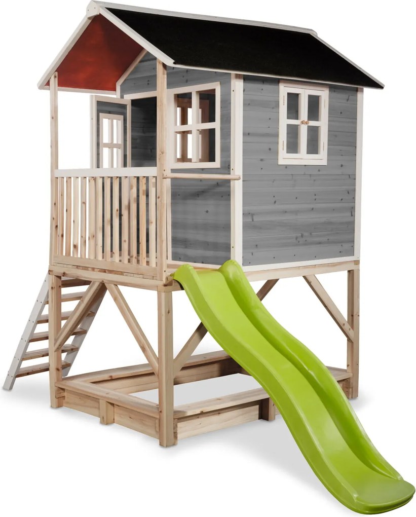 Casa de brincar infantil exterior para crianças Loft 500 em madeira com escorrega e caixa areia - Cinzenta