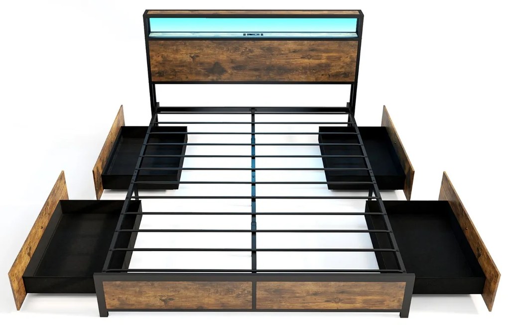 Estrutura de cama de casal 200 x 160 Cabeceira com luz LED RGB 4 gavetas de arrumação Ligação USB Castanho rústico + preto