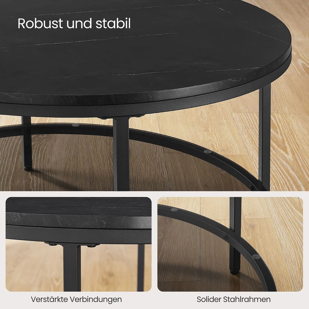 Mesa de centro com tampo de vidro moderna 80 x 46 cm (Ø x H) imitação mármore Preto + Preto