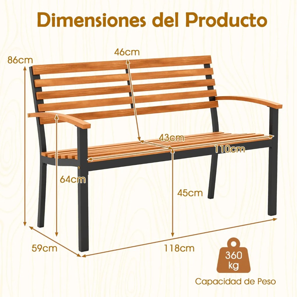 Banco Jardim 118 x 59 x 86 cm de dois lugares em madeira de acácia com Estrutura metálica preta e natural