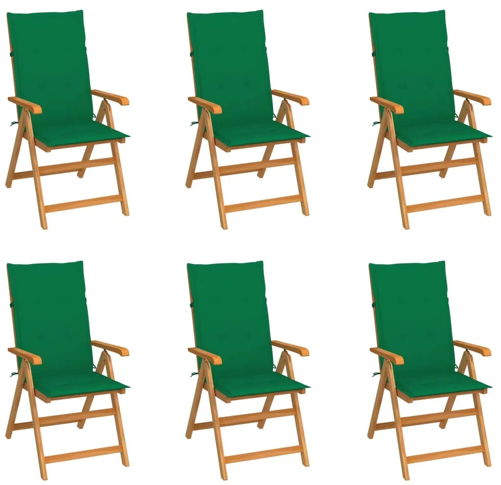 vidaXL Cadeiras de jardim c/ almofadões verdes 6 pcs teca maciça