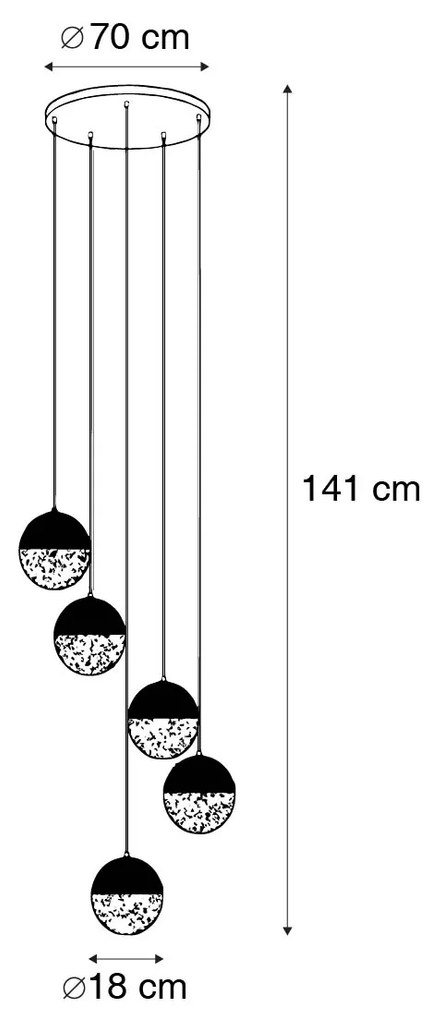 Candeeiro de suspensão industrial preto com latão 5 luzes - Haicha Industrial