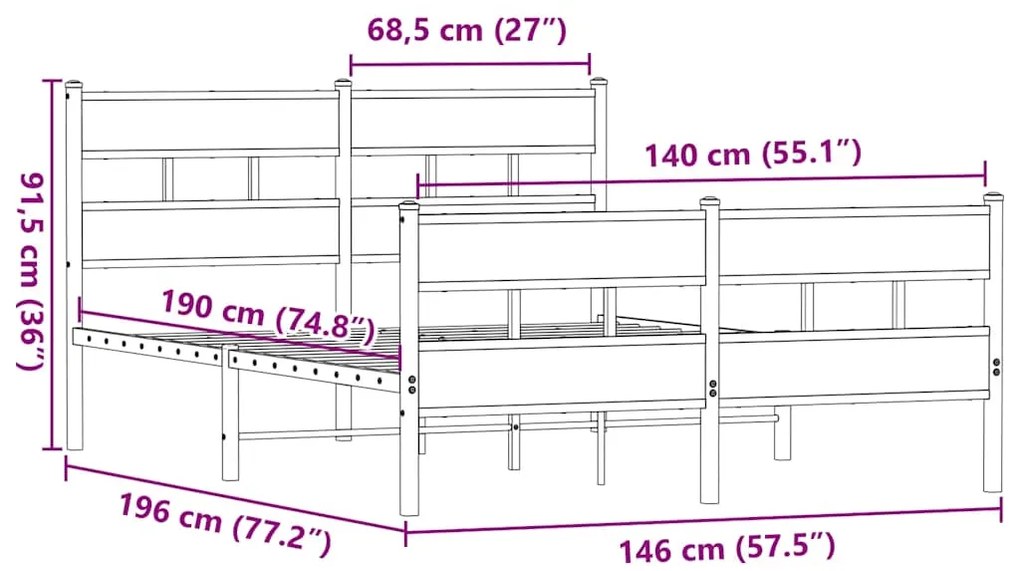 Estrutura de cama sem colchão 140x190 cm metal carvalho fumado