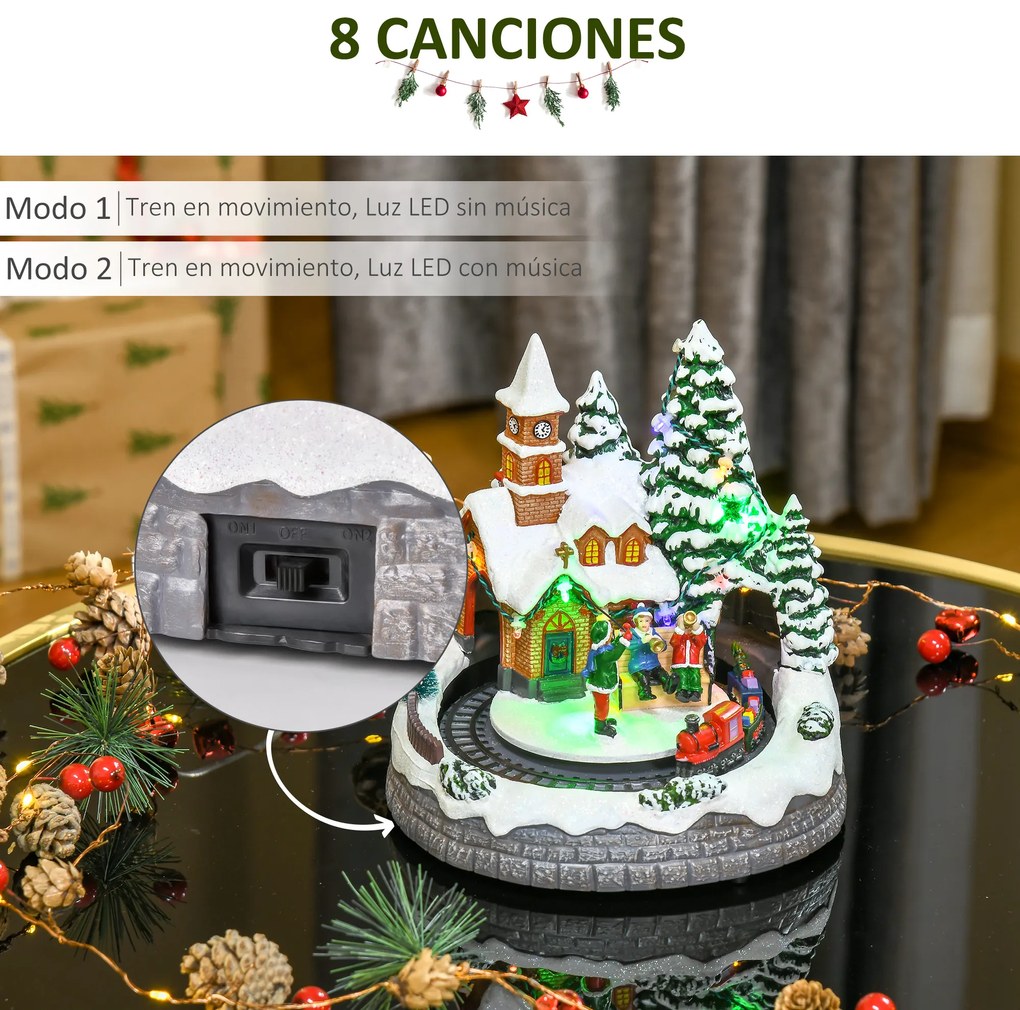 HOMCOM Aldeia de Natal com Luzes LED Trem Giratório e Música Decoração de Natal 19,3x17,9x20,2cm Multicor